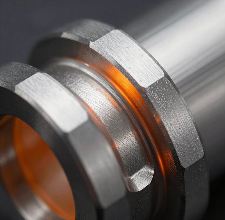 Macro shot of a high-tolerance cast aluminum component with sharp parting lines, dramatic orange key light reflecting off metallic textures, 50mm lens