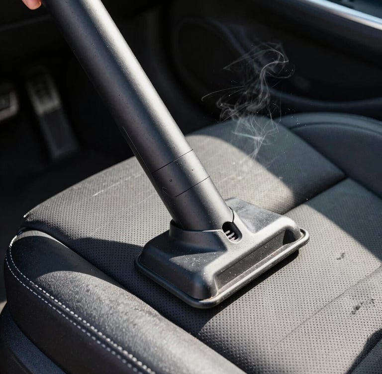 Close-up portrait of a professional steam extractor nozzle deep cleaning a dark textured car seat, bright natural daylight, high contrast, fine water vapor visible