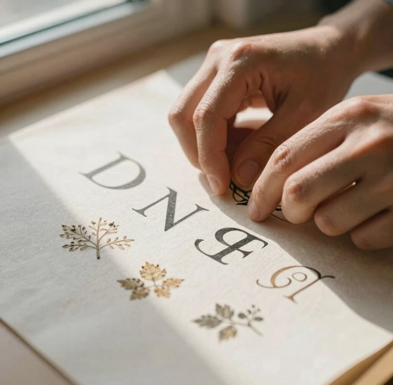 A close-up of a designer's hands arranging physical type specimens on a heavy linen paper stock. Warm morning sunlight streams across the textured surface, highlighting the crisp letter edges.