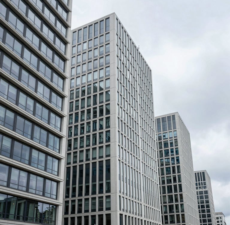 A clean, bright architectural shot of a modern European business district in daylight, sharp geometric lines, overcast sky.