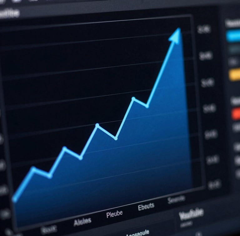 Macro shot of a YouTube analytics dashboard on a dark screen, showing a steep upward trend line in electric blue, low-key studio lighting, shallow depth of field.