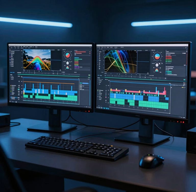 A dark professional editing suite with dual monitors displaying complex video timelines and high-retention analytics graphs, illuminated by cool blue neon lights