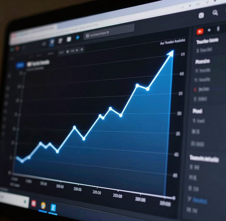 Tight close-up of a real YouTube analytics dashboard showing a steep upward trajectory, glowing blue line graph against a dark interface, low-key studio lighting, high contrast