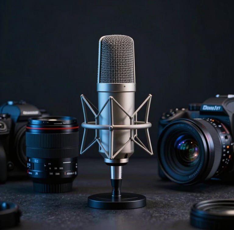 Professional studio microphone and camera lens arranged on a dark workspace, moody low-key lighting with cool blue key lights, cinematic composition.
