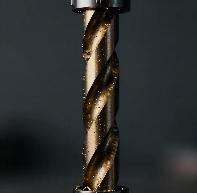 Extreme close-up of heavy industrial drill bit with gold-hued metallic shavings, cinematic low-key lighting, deep graphite background, 35mm lens.