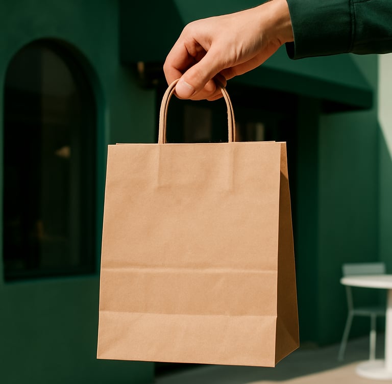 A close-up shot of a hand holding a custom-branded takeaway bag with minimalist typography, set against a modern Riyadh cafe facade, natural sunlight