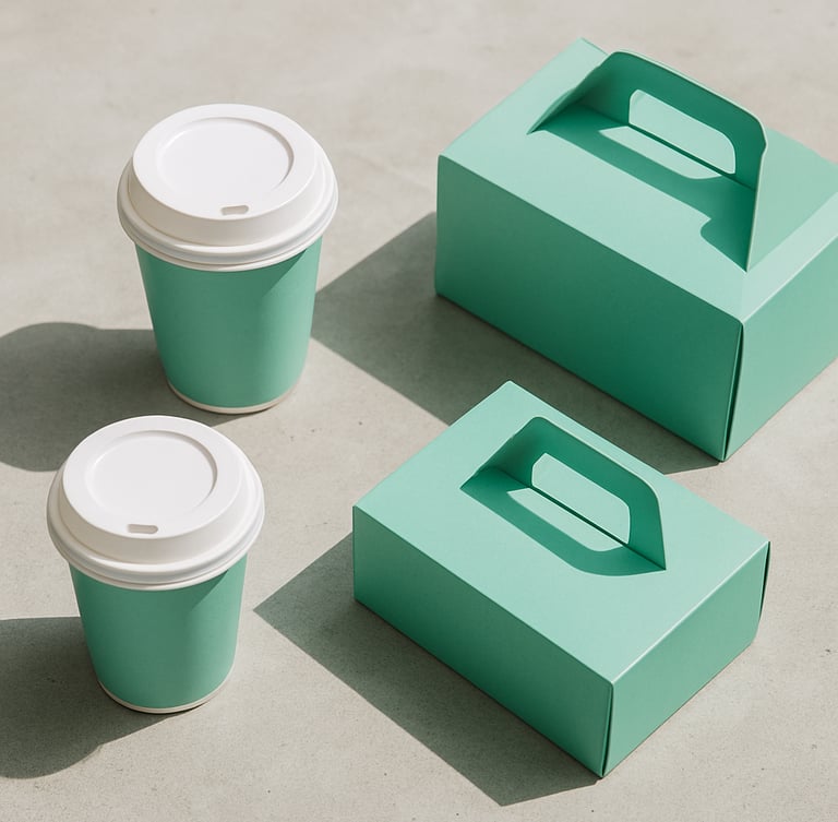 Overhead flat-lay of custom-printed mint green coffee cups and branded bakery boxes on a clean concrete cafe counter, bright natural daylight, 50mm lens