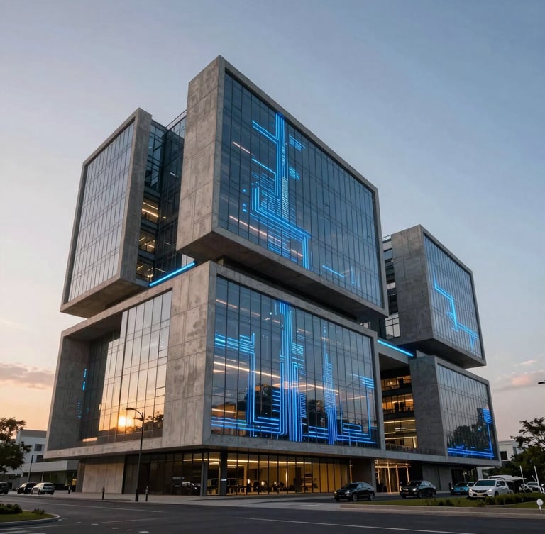 Ultra-modern architectural rendering of a technology hub in Kinshasa, sharp geometric concrete lines, glowing blue data visualization lines projected on glass, cinematic 21:9 framing, sunset lighting