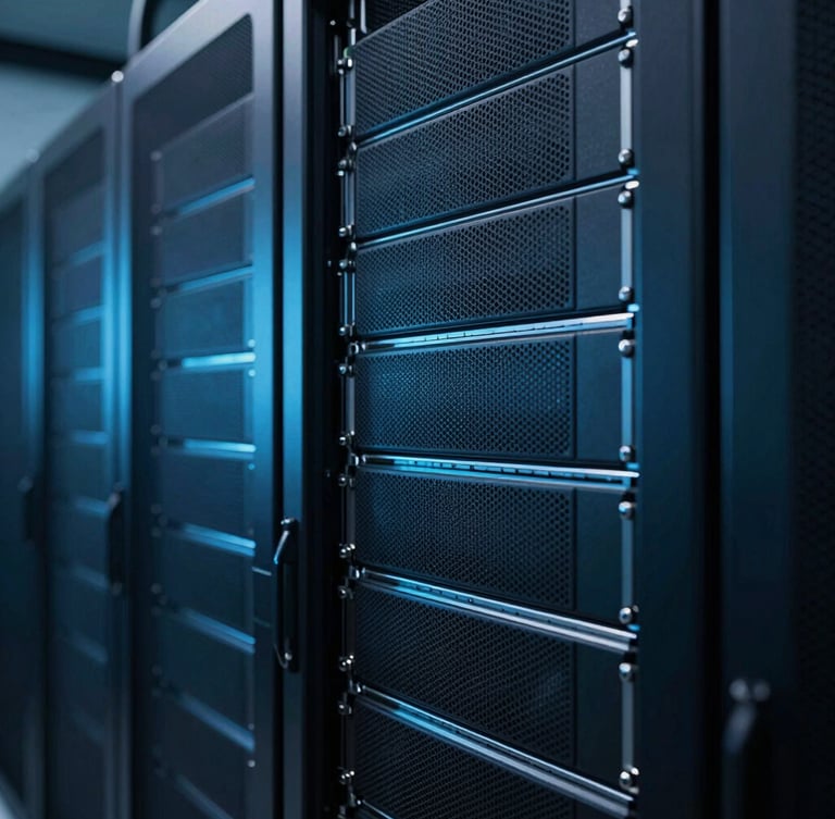 Macro shot of clean server environments inside a modern datacenter, cool-toned rim lights, deep blue and cyan ambient luminescence.