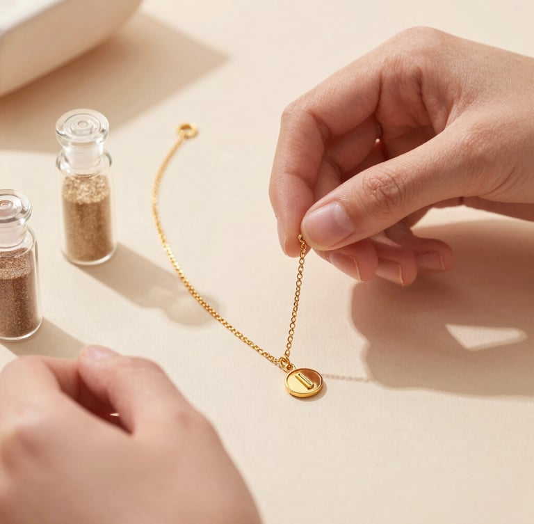 Close-up of artisan hands carefully placing golden charms onto a delicate chain next to tiny glass vials of natural sand, soft shadow, warm editorial lighting.