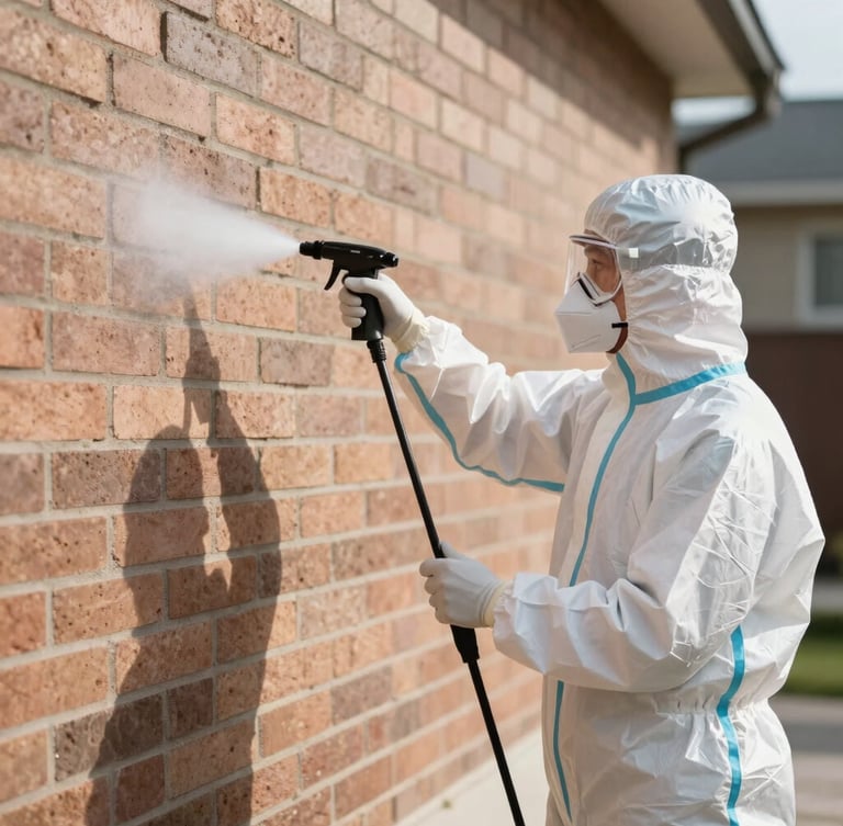 Bright high-contrast shot of a professional pest control technician in white protective suit and mask applying barrier spray to a clean brick wall exterior.
