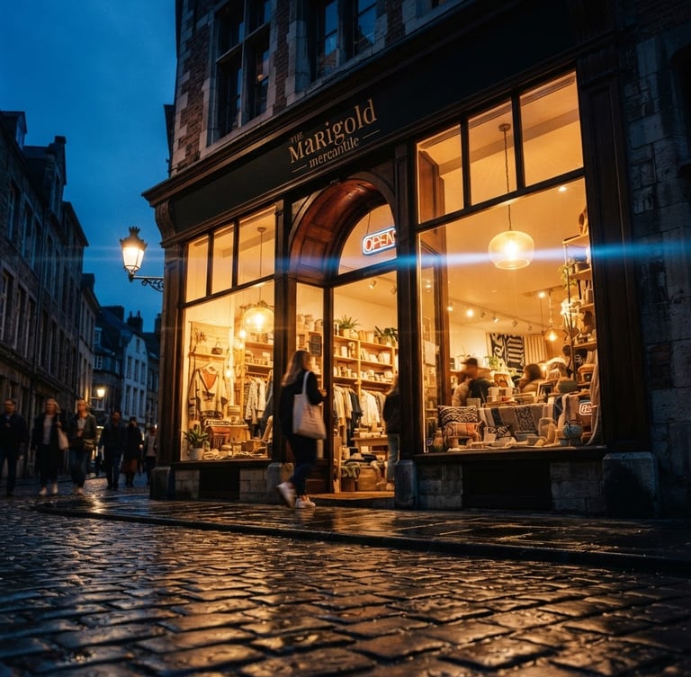 Dramatic low-angle shot of a local boutique storefront at dusk, warm golden-hour light spilling from windows, high-contrast shadows, cinematic anamorphic lens flare.