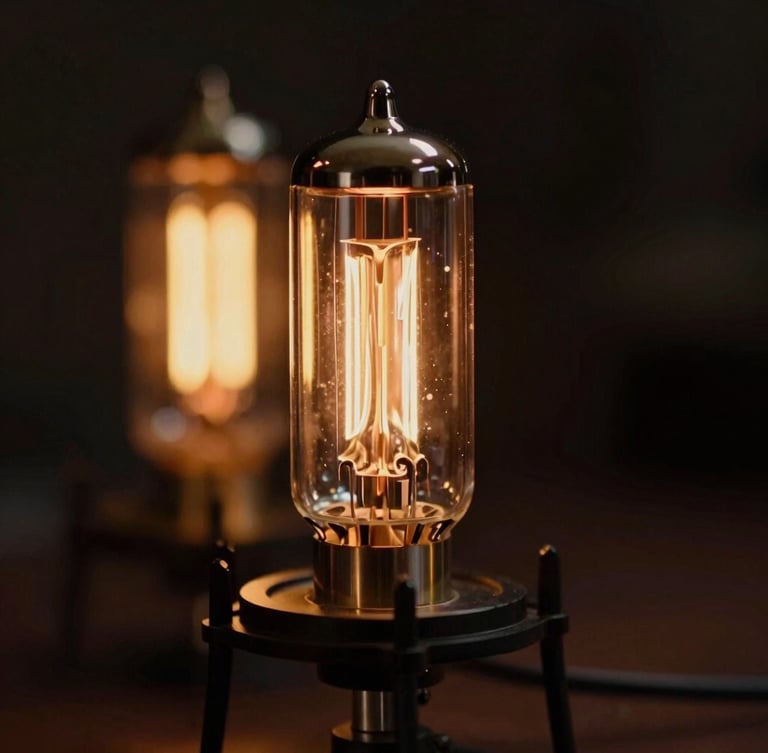 Close-up of a vintage studio microphone with warm amber vacuum tube glow in the background, low-key lighting, 35mm editorial photography