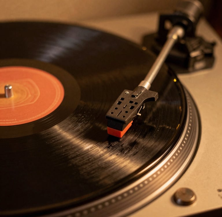 Macro shot of a vintage turntable needle resting on a vinyl record, warm amber studio lighting, rich dark tones, 35mm photography