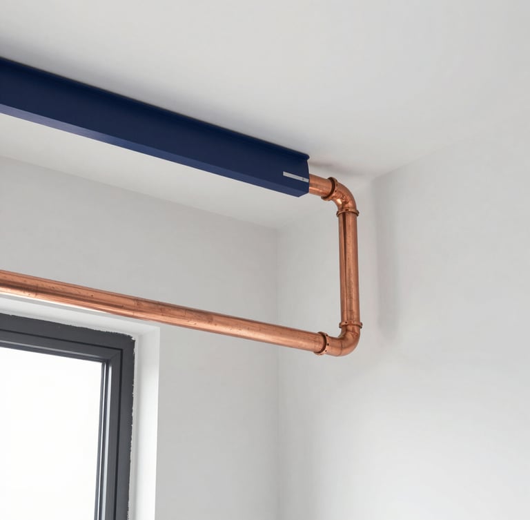 Neat copper pipe installation in a bright utility room, clean lines, professional craftsmanship, daylight