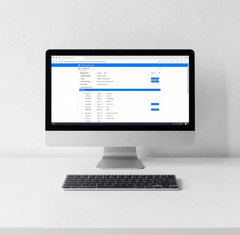 Minimalist technical photography of an office desk with a clean monitor displaying structured data flows, cool natural daylight, slate accents, sharp focus