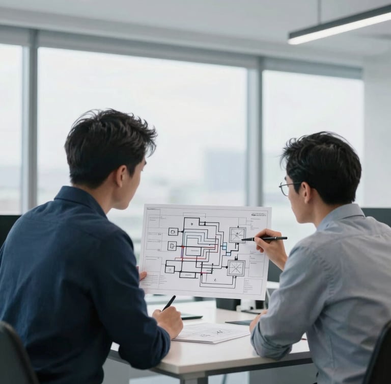 Two engineers reviewing a technical system architecture diagram in a modern, clean UK office, natural overcast daylight, 35mm