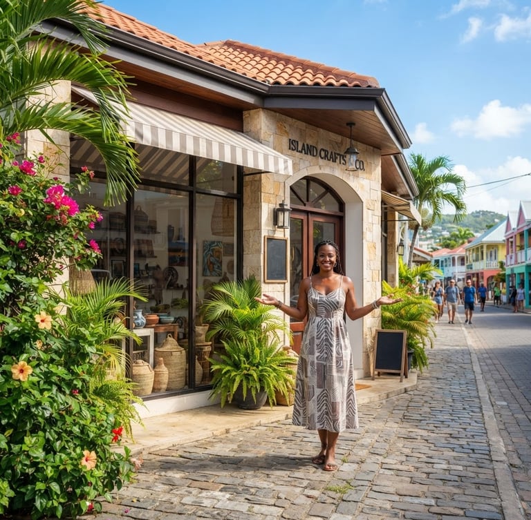 Modern and thriving Caribbean business storefront, clean architecture, bright tropical morning light, a local business owner standing confidently outside, sharp focus, wide environmental shot.