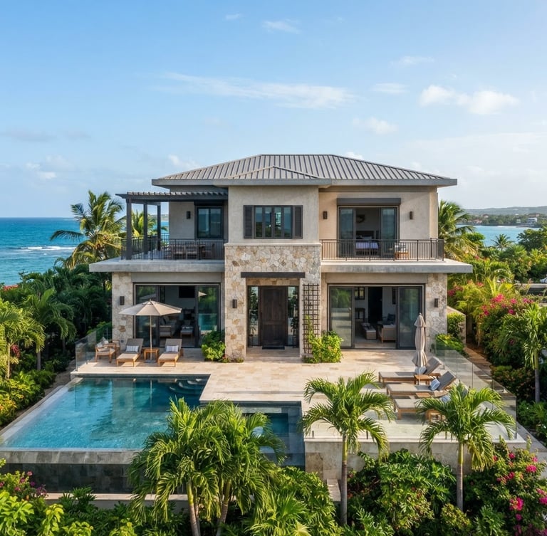 Modern Caribbean home with secure architecture, clean lines, and hurricane-resistant features, under bright, clear tropical morning light.
