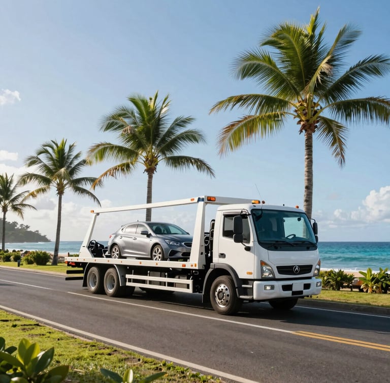 Wide shot of a modern tow truck assisting a car on a scenic coastal road in the Caribbean, clear tropical morning light, professional framing.