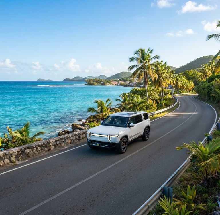 Modern electric SUV driving on a scenic coastal road in the Caribbean, bright tropical morning light, clear blue sky, palm trees in the background, wide shot.