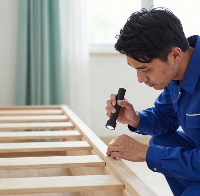 Close-up of a professional technician in a clean uniform inspecting a wooden bed frame seam with a flashlight, bright and reassuring daylight.