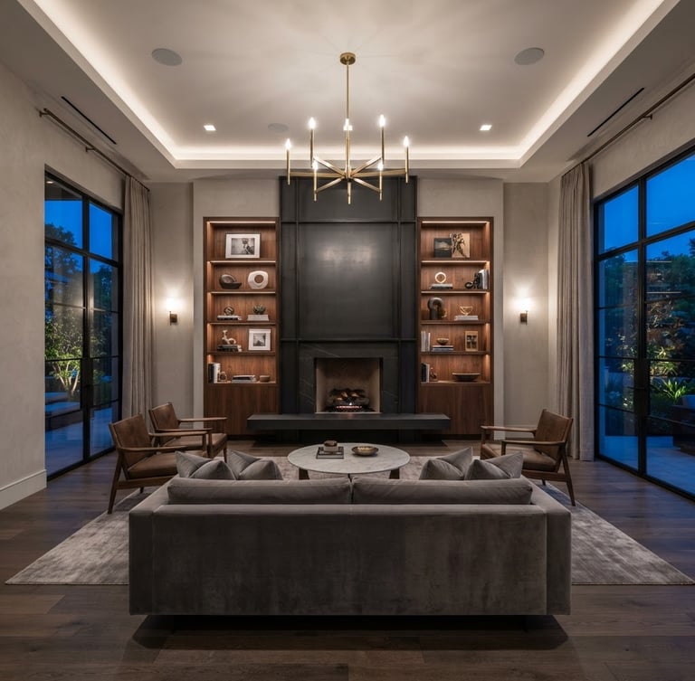 Symmetrical architectural interior elevation of a luxury living room, crisp flambient lighting, straight lines, wide-angle lens