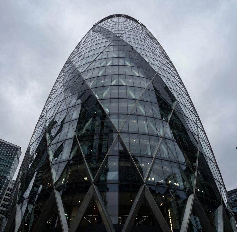 Extreme wide-angle dramatic architectural geometry of a modern financial tower in London, sharp overcast daylight, deep obsidian steel and glass facade, cold slate tones.