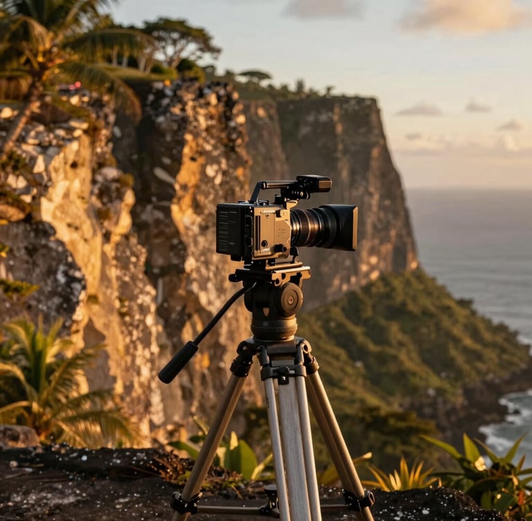 Cinematic editorial shot of an Arri Alexa camera rig on a heavy tripod overlooking the dramatic cliffs of northern Guadeloupe at golden hour, deep tropical shadows, intense warm sunlight, 35mm anamorphic lens.