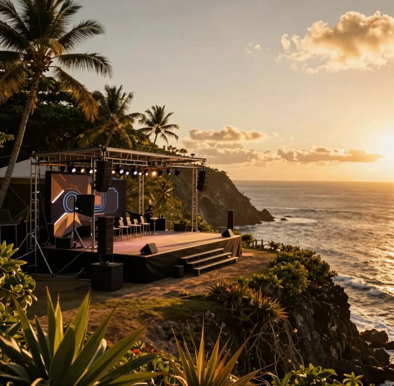Cinematic editorial photography, high-end outdoor event stage being set up at golden hour on a Guadeloupe cliffside, deep tropical shadows, warm atmospheric lighting, anamorphic lens