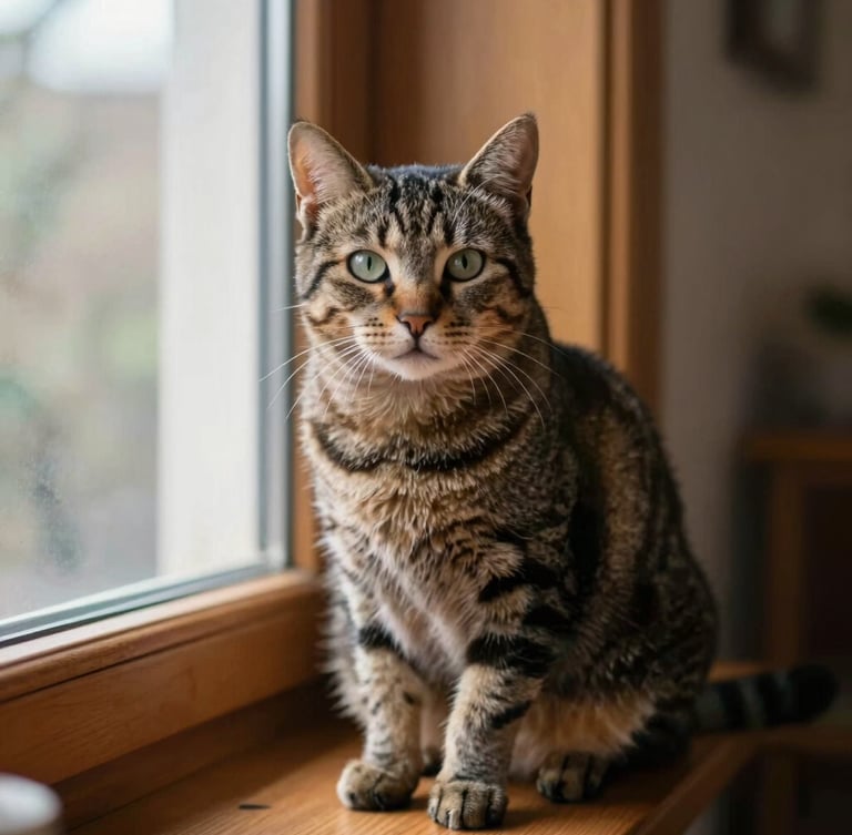 Eye-level portrait of a calm, happy tabby cat sitting on a warm wooden windowsill, soft natural daylight illuminating its whiskers, cozy home background, shallow depth of field, 35mm.