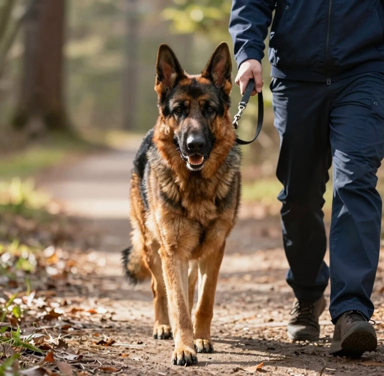 Eye-level shot of a disciplined German Shepherd walking on a leash alongside a professional handler on a sunlit trail in North Carolina, warm natural light, shallow depth of field, 35mm