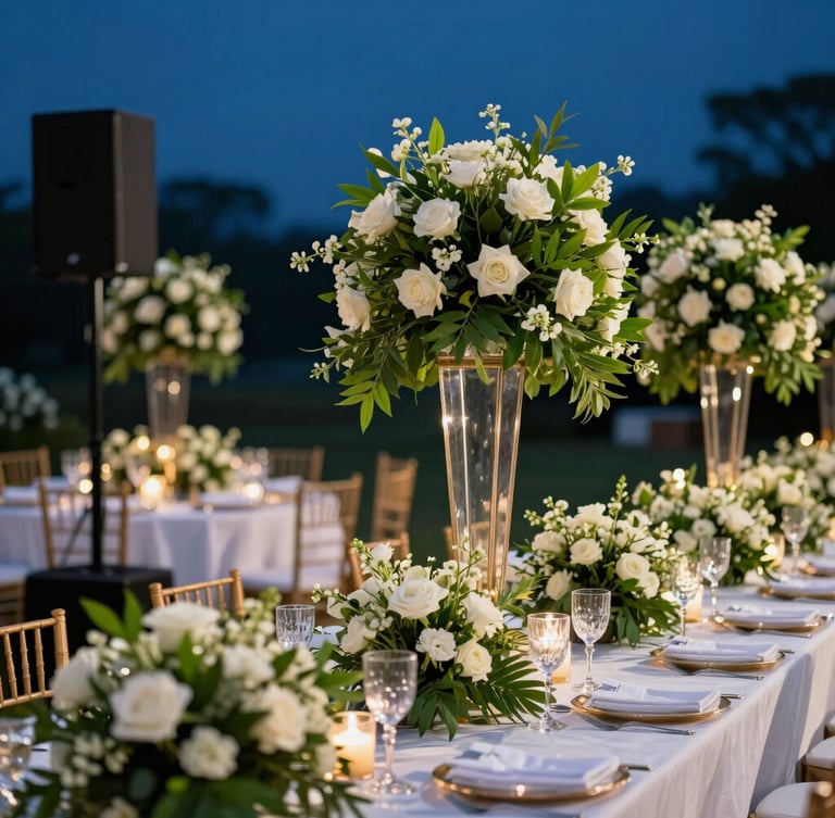 Close-up of a premium outdoor wedding reception in Benin, elegant floral arrangements, professional sound equipment subtly integrated, warm ambient lighting, crisp details