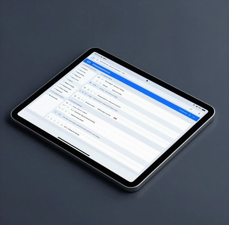 Overhead macro shot of a clean developer workspace, a tablet displaying a structured database schema, cool blue screen glow, minimalist tech photography