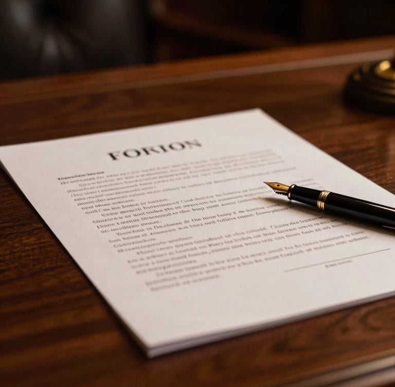 Close-up of a signed legal contract on a heavy mahogany desk, elegant fountain pen, warm dramatic lighting, shallow depth of field
