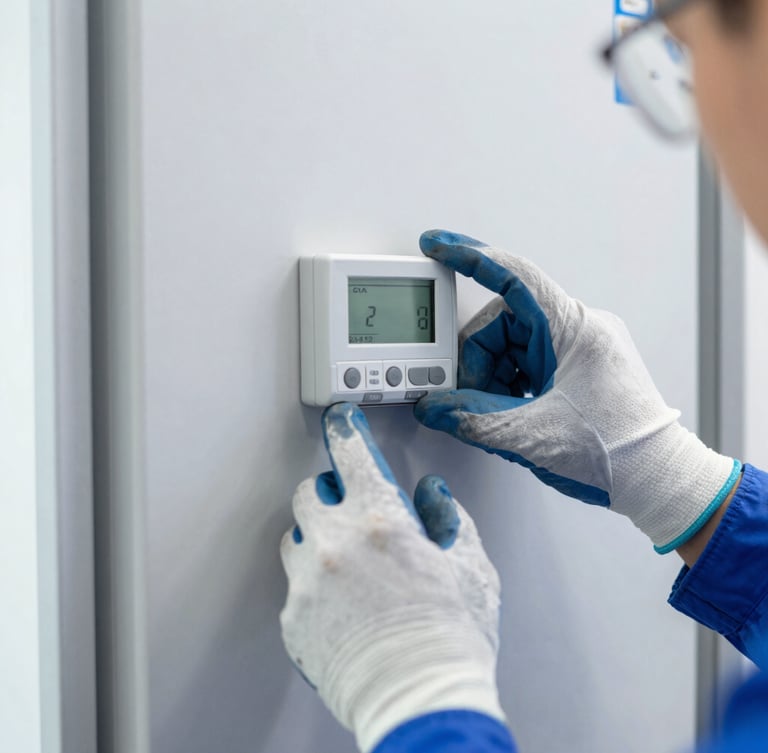 Close-up of technician hands in work gloves adjusting a digital thermostat on a commercial refrigerator, bright daylight, 35mm lens