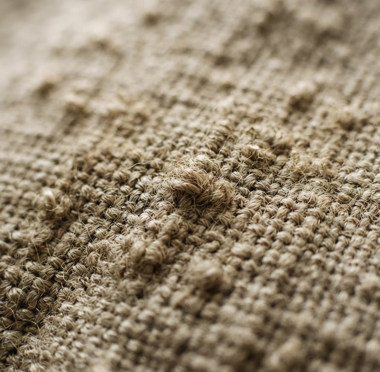 Close-up macro shot of heavy-gauge linen fabric showing raw slub texture and woven threads, soft morning window light, warm oatmeal tones, shallow depth of field