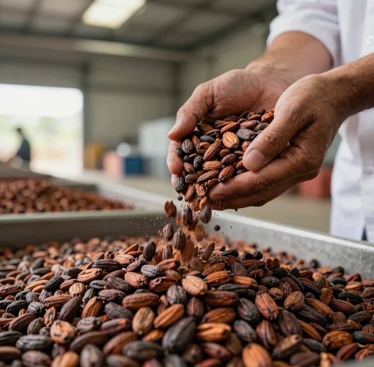 A close-up documentary shot of raw cocoa beans pouring through a quality inspector's hands inside a modern warehouse, crisp clean industrial lighting, rich earthy tones, sharp focus on the textures of the beans.