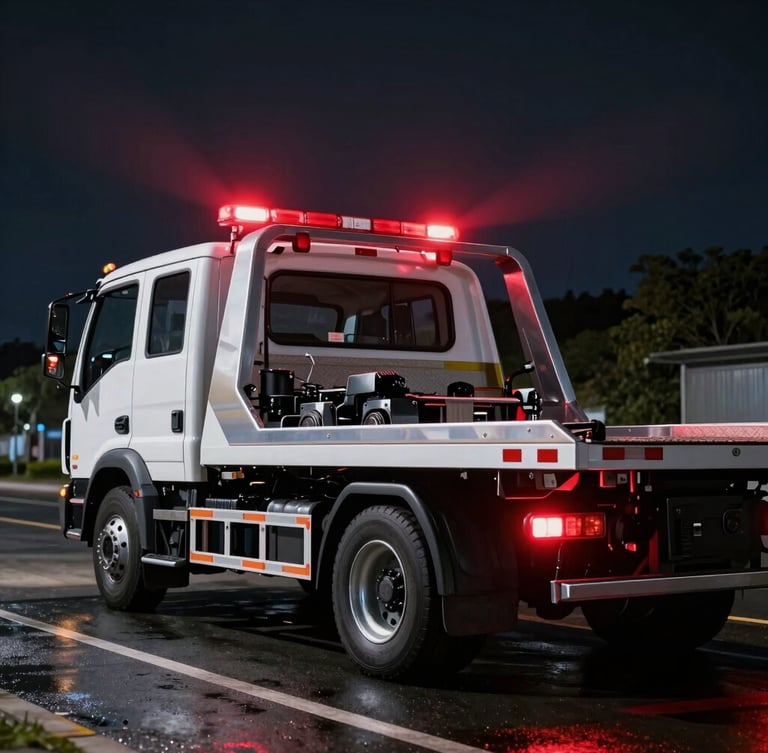 Dynamic low-angle shot of a spotless modern flatbed tow truck, emergency beacons casting red light on wet asphalt, clean machinery, crisp night lighting.