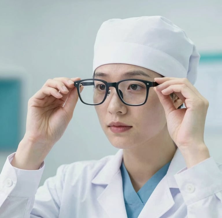Close-up of a healthcare professional in a clean white coat adjusting high-end optical frames, bright daylight, clinical setting.
