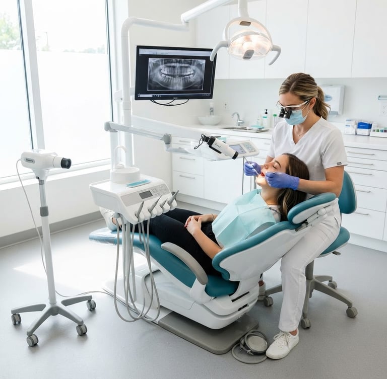 Bright clinical dental space with modern diagnostic equipment, high-key natural daylight, clean white surfaces, professional medical setting