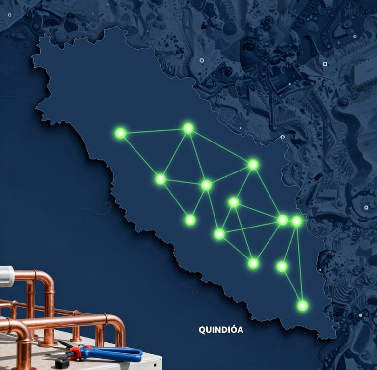 Clean technical graphic map of Risaralda and Quindío departments, showing glowing green connection points on a dark blue topographic background, professional engineering style