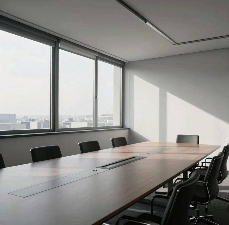A wide-angle, low-contrast shot of an empty, minimalist corporate boardroom in Milan, diffused morning light streaming through large windows, clean lines, professional atmosphere.