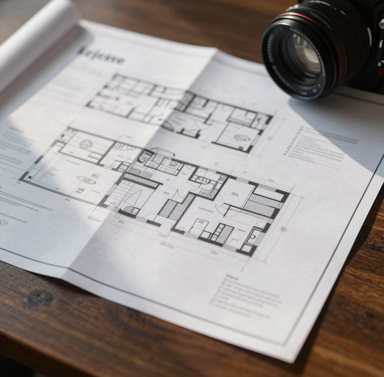 Close-up of high-quality physical corporate documents and architectural blueprints on a solid dark wood table, soft morning side light.