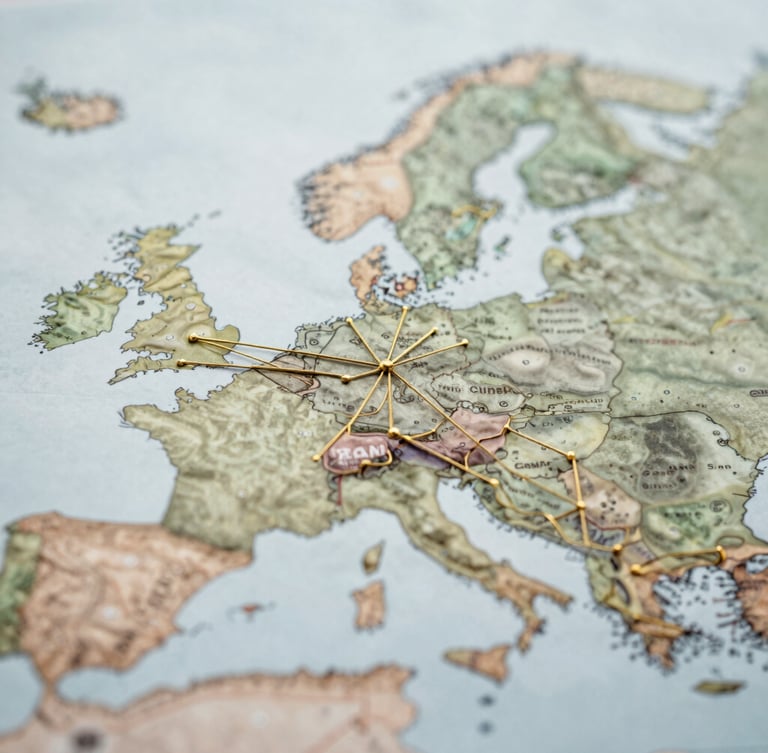 Macro close-up of structured abstract trade maps showing thin gold lines connecting European cities, diffused overcast daylight, clean editorial composition.