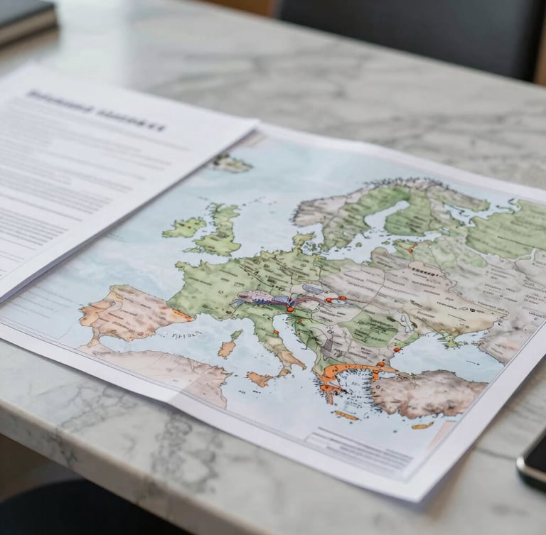 A close-up of high-quality physical financial documents and a structured map of European trade corridors resting on a clean marble boardroom table, soft diffused daylight.