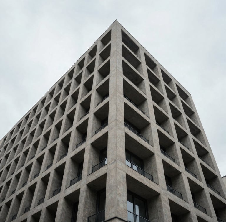 Wide architectural detail of a modern European financial center facade, sharp geometric concrete lines, overcast morning light, minimal composition.