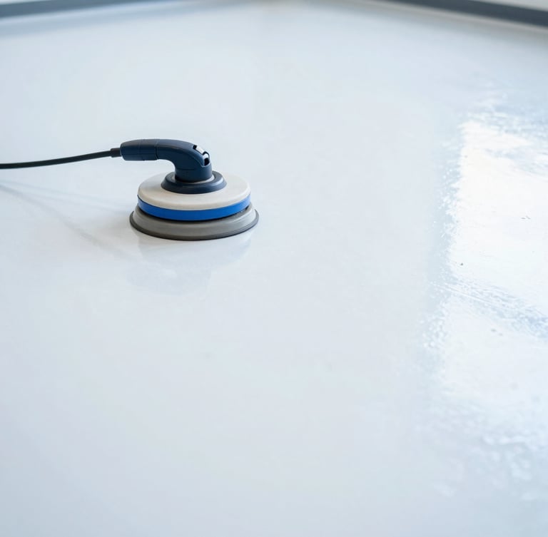 Close-up of a professional commercial floor buffer on a perfectly waxed white floor, sharp reflections, bright cool lighting.