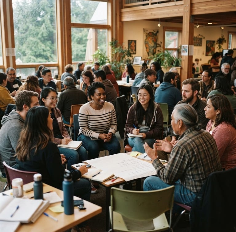 Warm, natural Pacific Northwest daylight, soft earthy tones, candid community interactions, diverse group of Washington residents engaged in facilitated dialogue at a community center, low horizon, 35mm lens