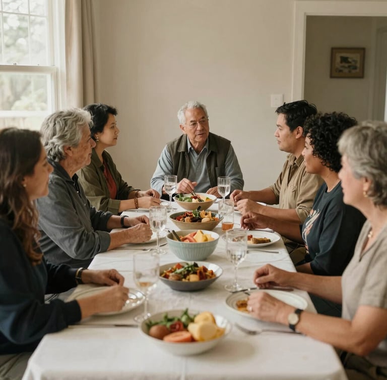 Diverse group of Washington residents engaged in lively conversation around a dinner table, warm natural light, soft earthy tones, candid interaction, 35mm lens.